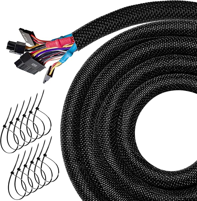 25FT Split Cable Management Sleeve Wire Loom Tubing Cord Protector for High-Temperature Automotive Harness Wires and Home Cable Management,Self-Wrapping Braided Cord Covers (1/2 Inch)