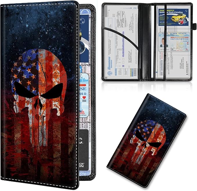 Car Registration and Insurance Card Holder, Premium Leather Vehicle Wallet Cover for Glove Box Car Organizer Drivers License/Cards/ID - Essentials Document Holder, Death Skull American Flag