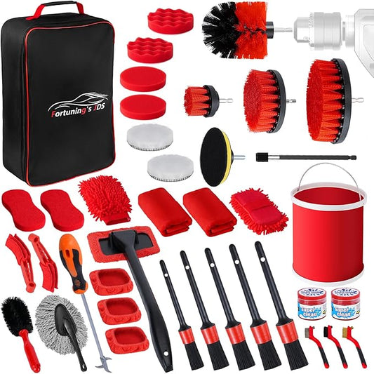 Fortuning's JDS 39PCS Car Wash Cleaning Kit, Auto Detailing Kit, Car Detailing Kit Interior Cleaner, Car Wash Kit with Bucket Detailing Brush Set Car Accessories for Motorcycle, Cars, Bikes, Wheels