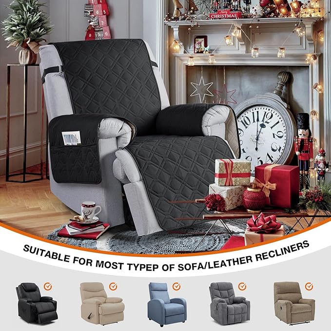 VANSOFY 100% Waterproof Recliner Chair Covers, Recliner Cover Non-Slip Dog Chair Cover Furniture Protector Washable Slipcover with Pocket, Elastic Straps for Pets, Dogs(Black, 30")