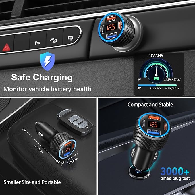65W 4-Port USB C Super Fast Car Charger Type C for Samsung S26 S25 S24 Ultra A16 A17, iPhone 17/16e/16 Pro Max Dual 12V QC/PD 3.0 Fast Charging Cigarette Lighter Adapter with Voltmeter+2X USB C Cable