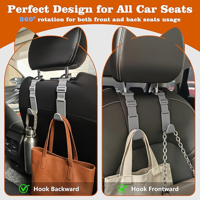 Amooca Car Headrest Hooks 4 Pack Adjustable Universal Fit Auto Seat Back Organizer Storage Hanger Purse Bags Holder with Clip Gray