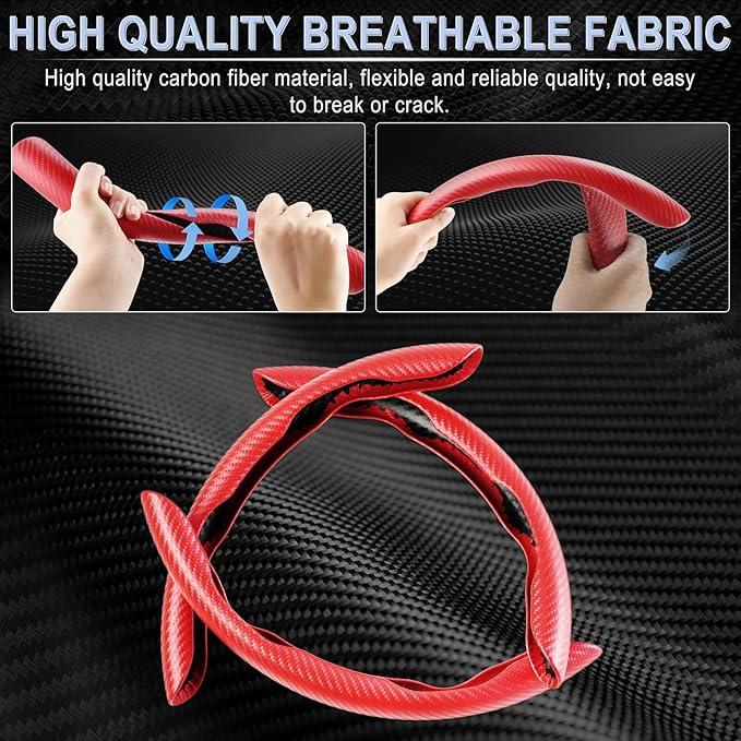 Amiss 3pcs Carbon Fiber Anti-Skid Steering Wheel Cover, Waterproof & Segmented Butterfly Design, Universal 99% Vehicle Wheel Cover Protector, Car Interior Accessories, Red
