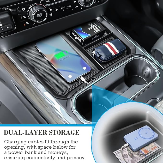 EDBETOS Front Center Console Organizer Tray for 2024 2025 2026 Chevy Silverado 2500HD/3500HD Console Compartment Cover Insert Hidden Organizer (Full Console w/Bucket Seats Only ! Not for Sierra!)