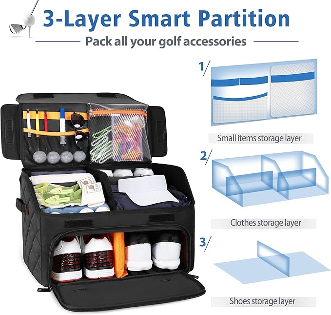 Upgraded Golf Trunk Organizer, Golf Car Organizer with Separate Ventilated Compartment for 2 Pair Shoes, Golf Storage with Multi-Compartment for Golf Accessories, Gifts for Golfers