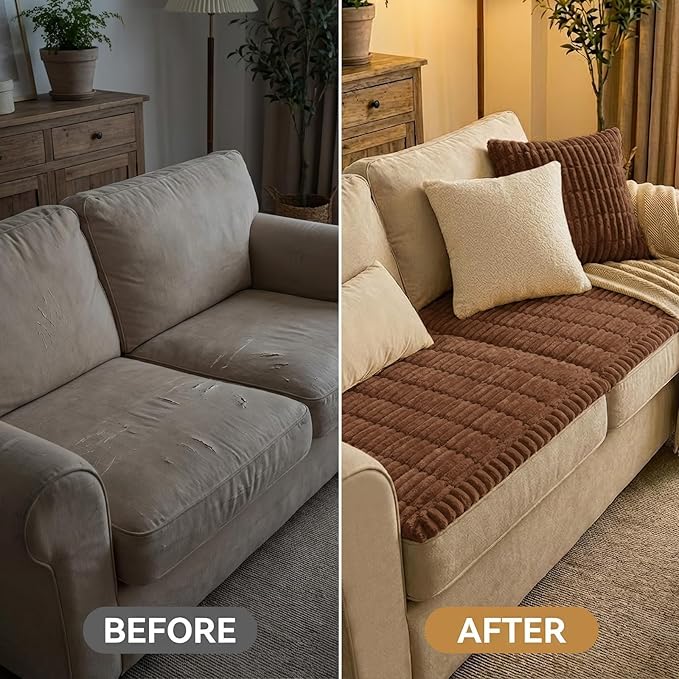 Smiry Couch Cover for Dogs Washable, Non Slip Fuzzy Pet Couch Covers for 3 Cushion Sofa Pet Friendly, Thick Soft Sofa Slipcovers Cushion Protector (Brown, 27.6" x 27.6")