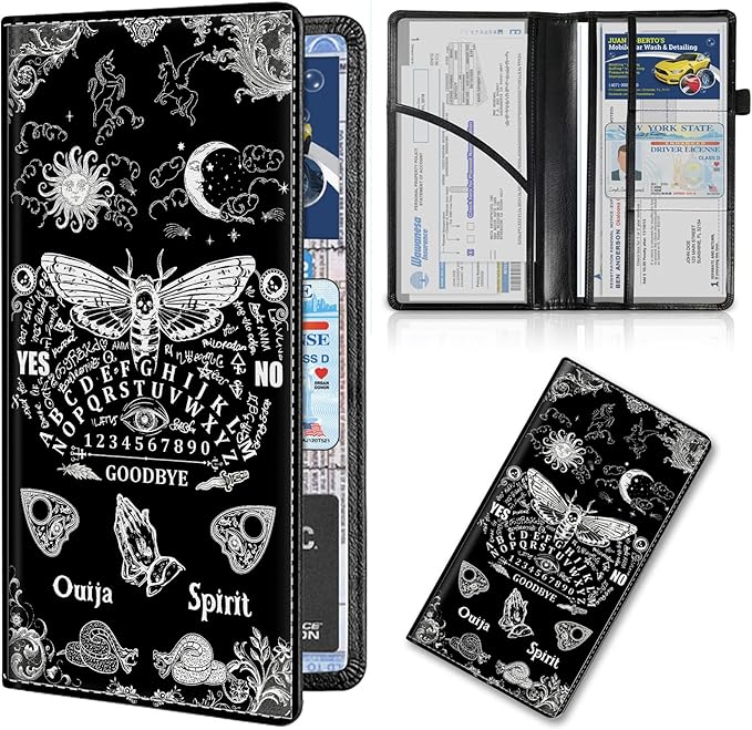 Car Registration and Insurance Card Holder, Premium PU Leather Vehicle Wallet Cover for Glove Box Car Organizer Drivers License/Cards/ID Essentials Document Holder, Death Moth Spirit Board