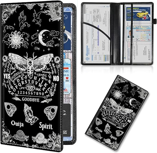 Car Registration and Insurance Card Holder, Premium PU Leather Vehicle Wallet Cover for Glove Box Car Organizer Drivers License/Cards/ID Essentials Document Holder, Death Moth Spirit Board