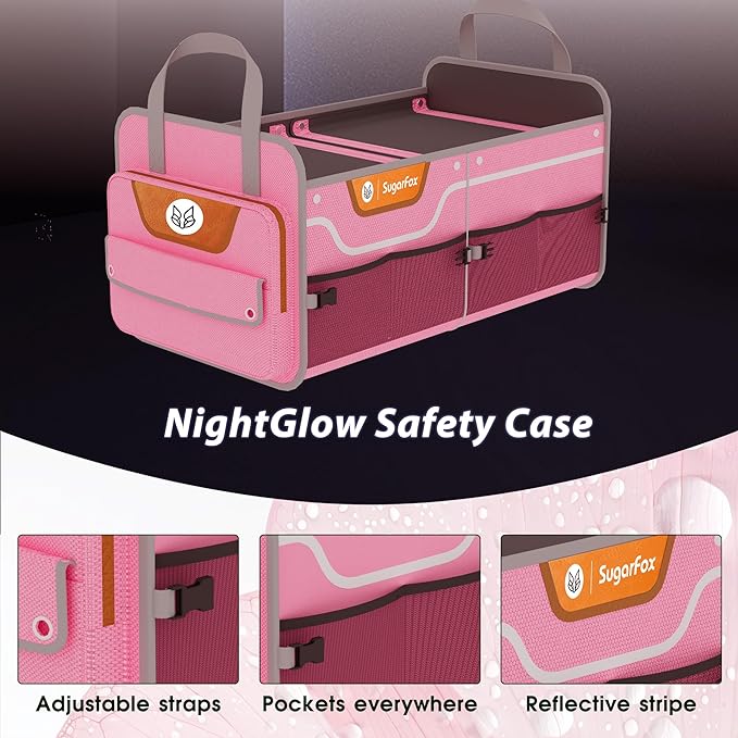 Car Trunk Organizer for SUV, 70L Heavy Duty Waterproof Trunk Organizer, Foldable Vehicle Organizer with Anti-Slip Base, 24”x13.8”x11.8”, Pink-M003