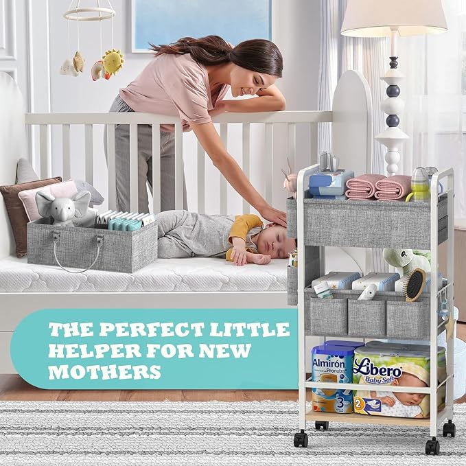 2In1 Diaper Caddy & 4-Tier Rolling Diaper Cart, Diaper Caddy Organizer Cart with Dividers & Drawer, Mobile Metal Bedside Cart for Baby Nursery Essentials Storage, Large Capacity, White