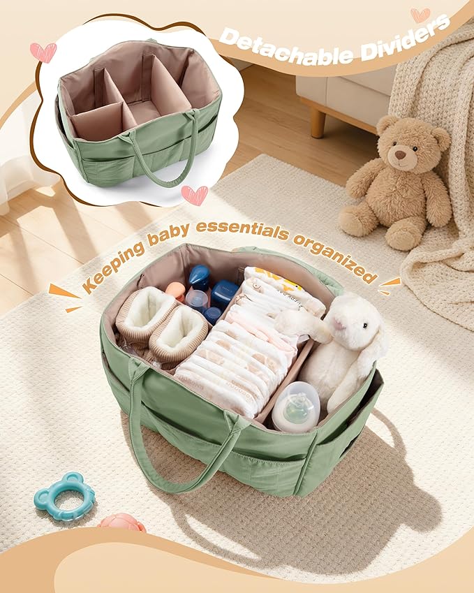 Quilted Baby Diaper Caddy with Detachable Dividers and Wipes Pocket, Lightweight Baby Caddy Organizer with Handles and 8 Pockets for Baby Stuff, Green