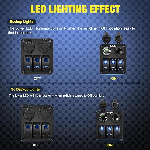 Nilight 3 Gang Rocker Switch Panel Pre-Wired Aluminum with PD Type C and USB Cigarette Lighter Socket Night Glow Stickers 12V 24V ON Off Switches for Car Trucks Boats RVs