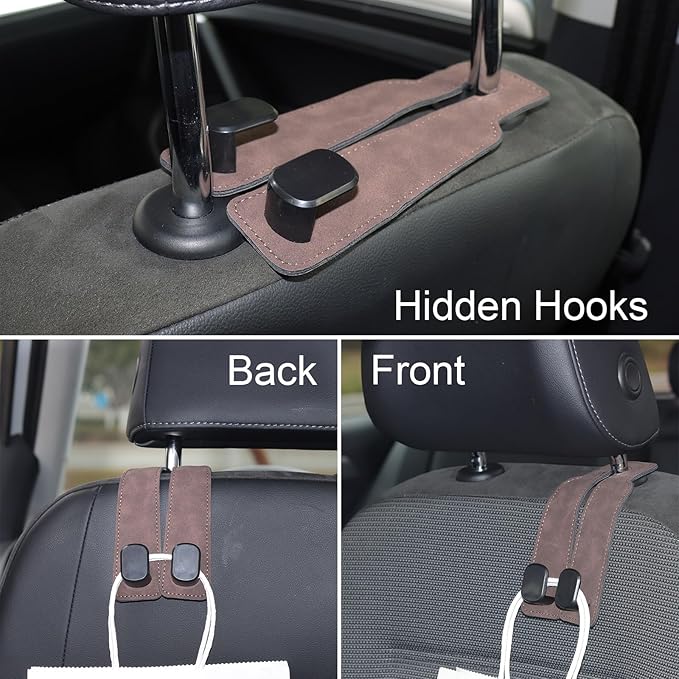 Purse and Bag Hook for Car, Zinc Alloy Seat Headrest Hooks, Upgraded Leather Car Seat Back Purses Hanger and Bags Holder (Brown, 2Pack)