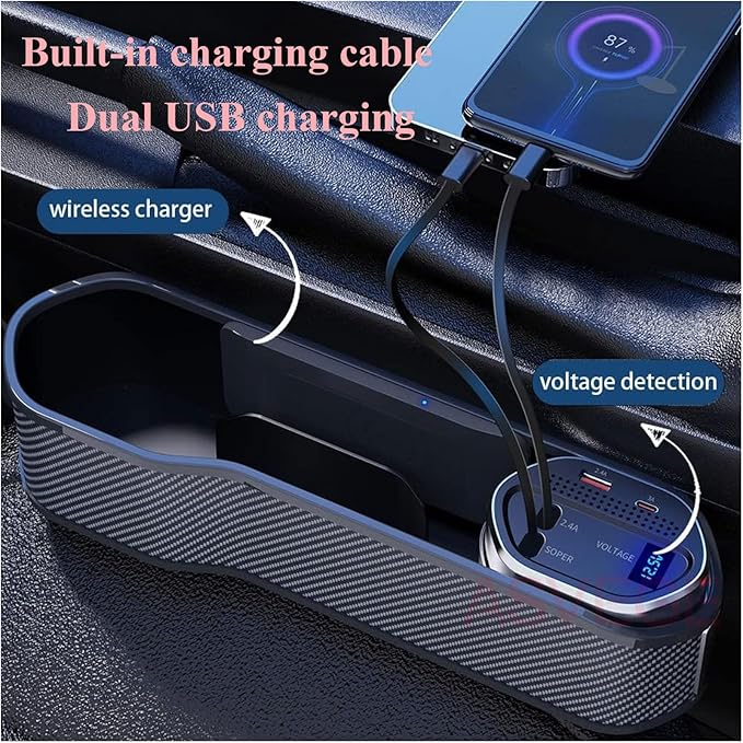 Car Seat Gap Filler Organizer with Wireless Charger,2 USB Ports and 2 Retractable Charging Cable of Type C, iOS, Multifunctional Storage Box with Cup Holder Cigarette Lighter Quick Charge