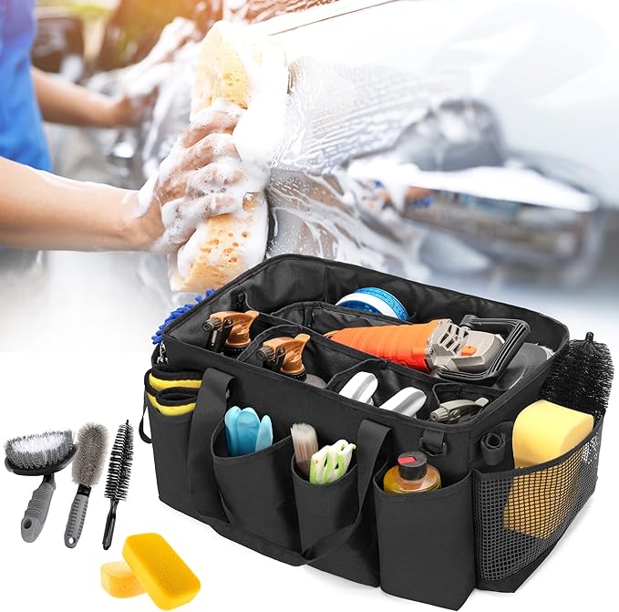 HODRANT Detailing Bag with Polisher Carry Bag, Large Detail Car Care Box for Auto Detailing Supplies, Car Wash Caddy & Trunk Organizer for Buffer Bottle Towel & Cleaning Kit, Black, Patent Design