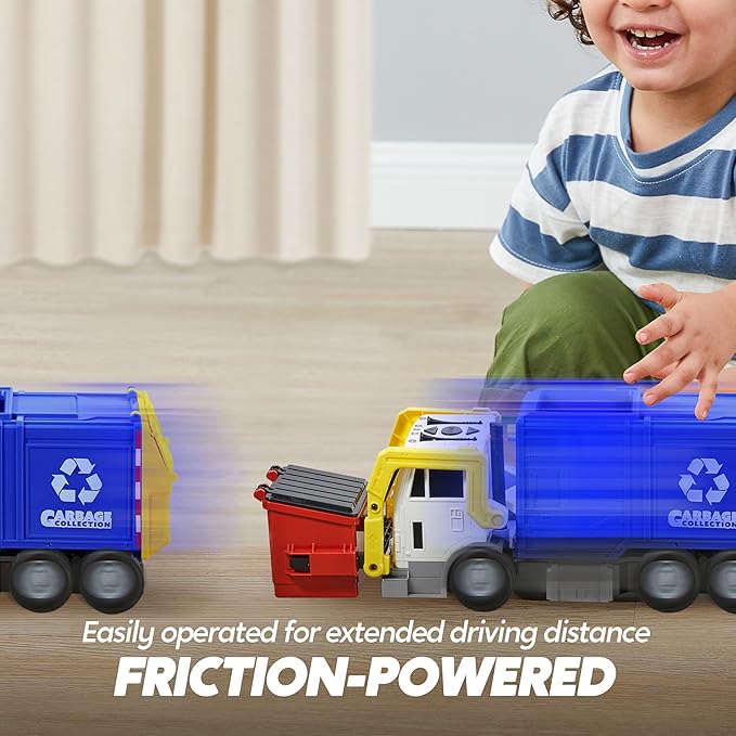 JOYIN Large Friction Powered Garbage Truck Toy Set, Includes 1 Dumpster, 3 Trash Bins, and 30 Learning Cards for Kids, Blue