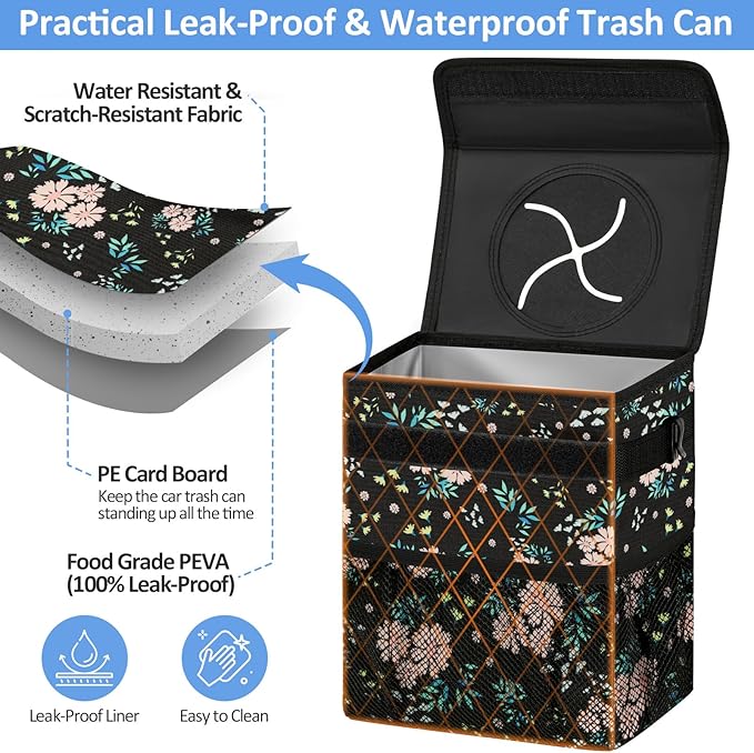 ELONGRIVER Car Trash Can Bin for Back Seat Leak Proof, Cute Car Trash Bag Hanging, Vehicle Trash Can for SUV Truck Van, Automotive Garbage Cans Front Seat Colorful Floral