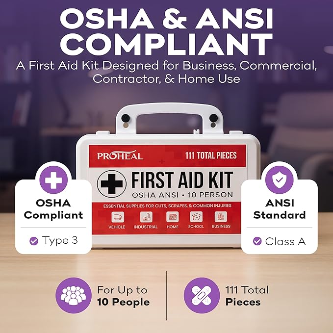 OSHA Compliant First Aid Kit - 10 Person, Type III, ANSI Class A, 111 Pieces Emergency Kit for Business, Office, Home, Workplace, Truck, Car & Construction Site - Latex Free, Wall Mountable | ProHeal