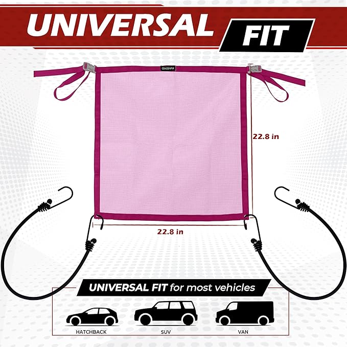Universal Dog Car Net Barrier – Sturdy Mesh, Easy Install, Breathable Design, Easy to Clean, Flexible Bungee Cords for Adjustable Fit 23"×23" (Rose Red)