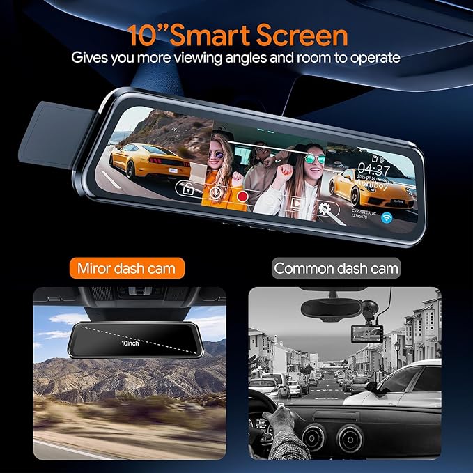 3 Channel Mirror Dash Camera for Cars, Triple Rear View Mirror with Front 4K/3K, Inside and Rear 1080P with WiFi, G-Sensor, Night Vision, Reverse Assist, Parking Monitoring (Include 64GB Card)
