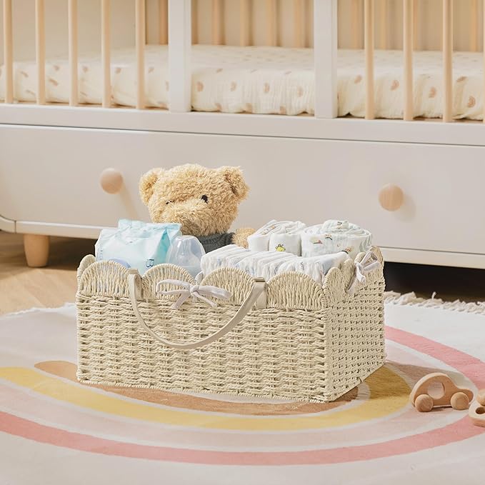 HBlife Baby Diaper Caddy, Paper Rope Storage Baskets Nursery Bin with Removable Divider, Portable Car Organizer for Diapers, Baby Shower Gifts, Newborn Essentials Must Haves
