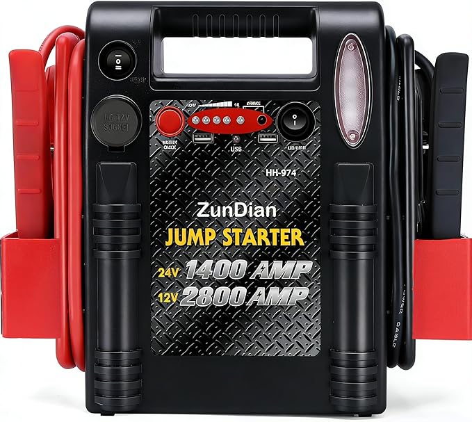 12V/24V Jump Starter - ZunDian 2800/1400 Amp Heavy Duty Jump Box, Works with Truck Tractor Excavator Automotive Engine Starter Battery Charger Booster Jumper Box with USB/DC Power Unit