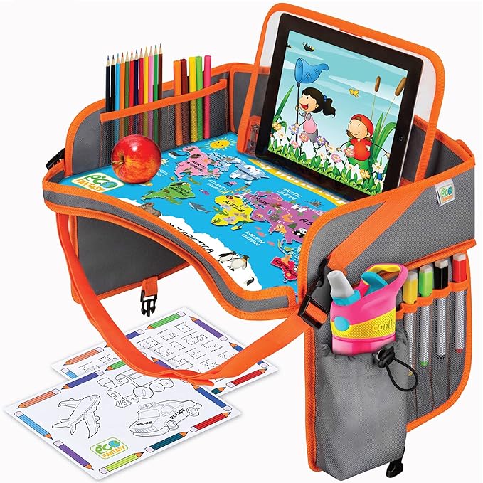 Kids Travel Tray - Waterproof Car Table with No-Drop Large Tablet Holder - Car Seat Tray - Road Trip Must Haves - Kids Lap Desk Organizer for Airplane - Toddler Travel Essentials (Orange)
