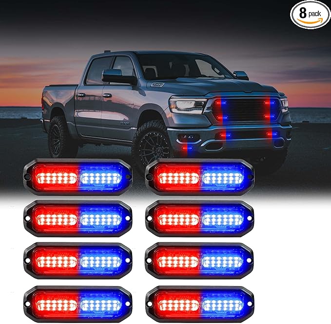 WINECO Red/Blue 8pcs Ultra Slim LED Emergency Strobe Police Lights, Surface Mount Grill Grille Hazard Safty Warning Flashing Light for Volunteer Trucks Vehicles