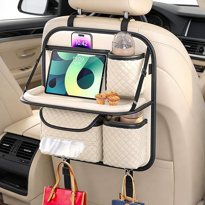 Leather Backseat Car Organizer with Tray & Cup Holder - Car Seat Organizer for Kids, Women, Road Trip Essentials for SUVs, Trucks and Cars (Beige)