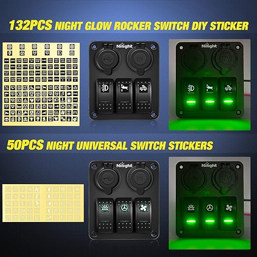 Nilight 3 Gang Rocker Switch Panel with USB Charger and Cigar Lighter 12V 24V Toggle ON Off Green Night Glow Stickers for Cars Rvs Trucks