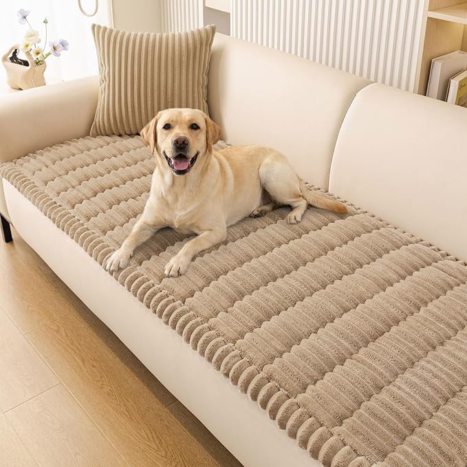Smiry Couch Cover for Dogs Washable, Non Slip Fuzzy Pet Couch Covers for 3 Cushion Sofa Pet Friendly, Thick Soft Sofa Slipcovers Cushion Protector (Khaki, 27.6" x 82.7")