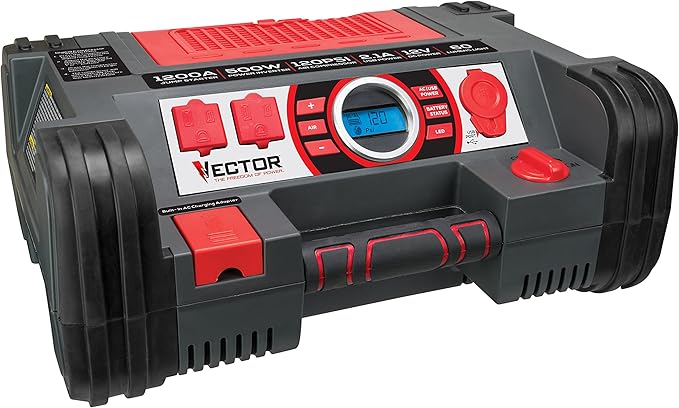 Vector PPRH5V 1200 Peak Amp Automotive Jump Starter, Portable Power – 10W USB Port, 500W Inverter, 120 PSI Air Compressor