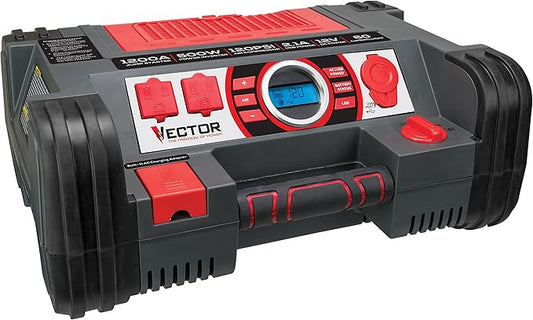 Vector PPRH5V 1200 Peak Amp Automotive Jump Starter, Portable Power – 10W USB Port, 500W Inverter, 120 PSI Air Compressor