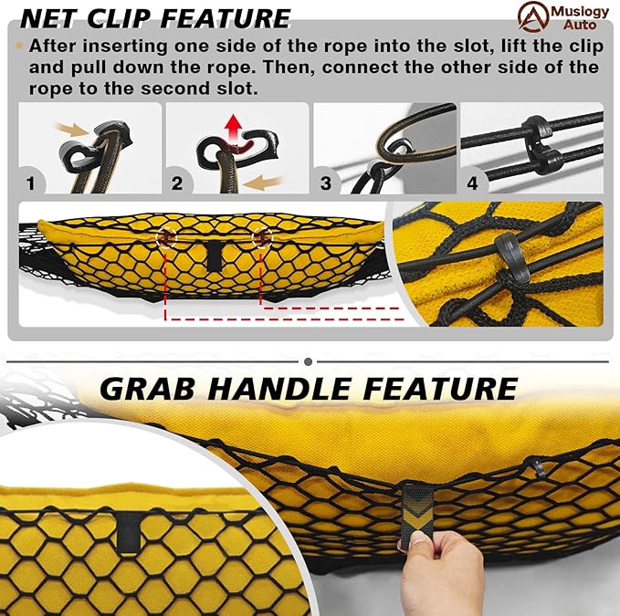 Muslogy Truck Bed Cargo Net Trunk Netting Compatible with 2022-2025 2026 Jeep Grand Cherokee (2-Row) Accessories, Pickup Cargo Organizer SUV Sedan Storage Net w/Heavy Duty Carabiners