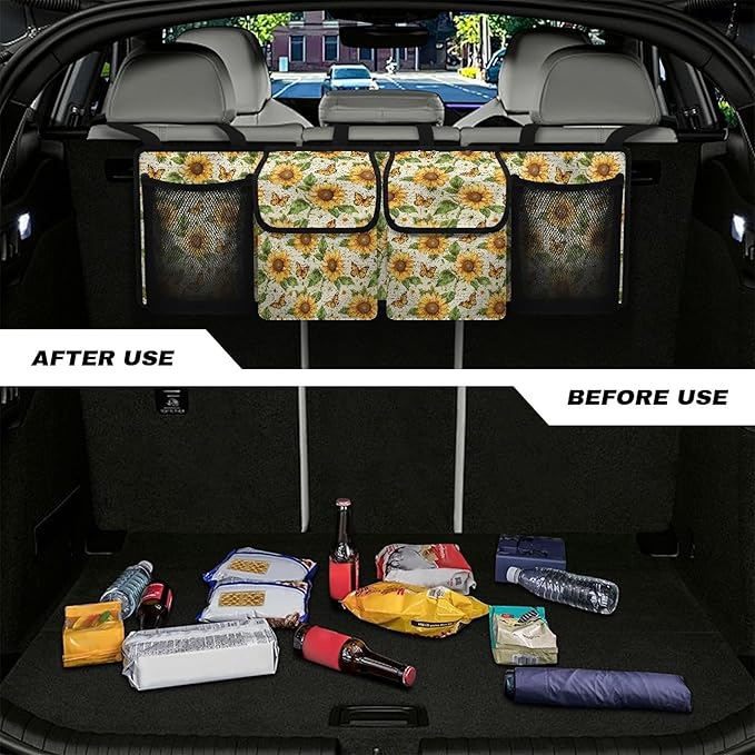 Sunflower Back Trunk Seat Organizer for SUV, Sedan, Van, Oxford Cloth, Equipped with Robust Elastic Net, Hanging Car Storage Organizer with Lids, Easy to Clean & Install In All Vehicles