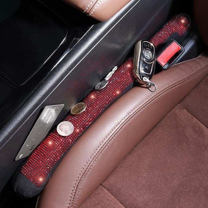 Briwill Bling Seat Gap Filler for Car - 2 Pack Crystal Rhinestone Diamond Red Bling Car Accessories for Women, Gap Blocker Universal fit for Trucks, SUVs, Car Interior Accessories, (Red)