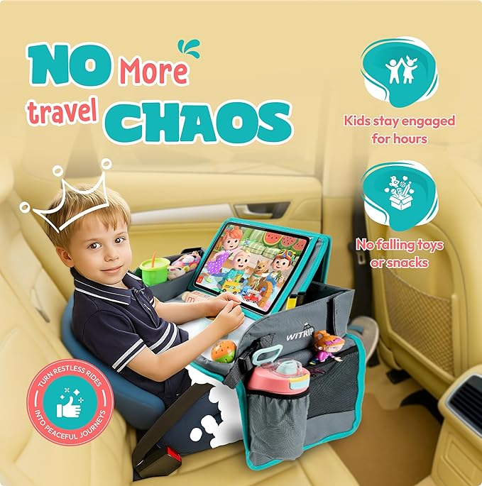 Kids Travel Tray with Dry Erase Board WITRIP- Car Seat Tray for Kids Travel, Carseat Table Top for Toddler, Lap Desk for Car Seat, Activity Organizer & Snack Holder,Road Trip Essentials for Kid (Aqua)