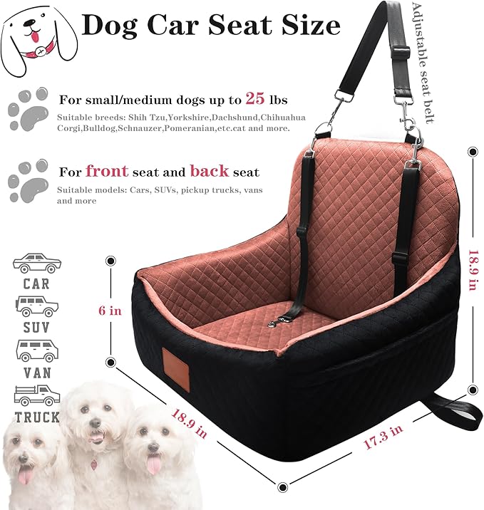 Small Dog Car Seat for Small Dogs Under 30 lbs, Memory Foam Pet Car Seat with Joint Relief & Washable Cover, Portable Travel Bed for SUV/Sedan (Black/Brown)