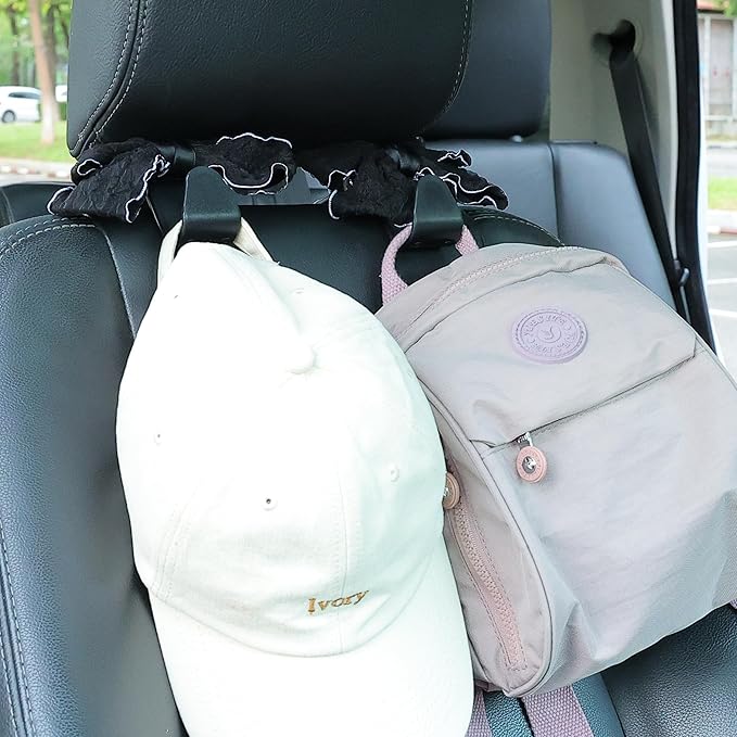 Amooca Car Seat Headrest Hook Cute Bowknot Vehicle Hanger Car Storage Organizer for Handbag Purse Coat Grocery Bag Puff Black
