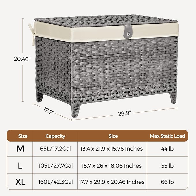 Honjourai Wicker Storage Basket with Lid,Rattan Shelf Basket with Removable Liner Bag,160L Storage Bin,Storage Trunk with Heightened Feet,Storage Container for Wardrobe,Home Organizer