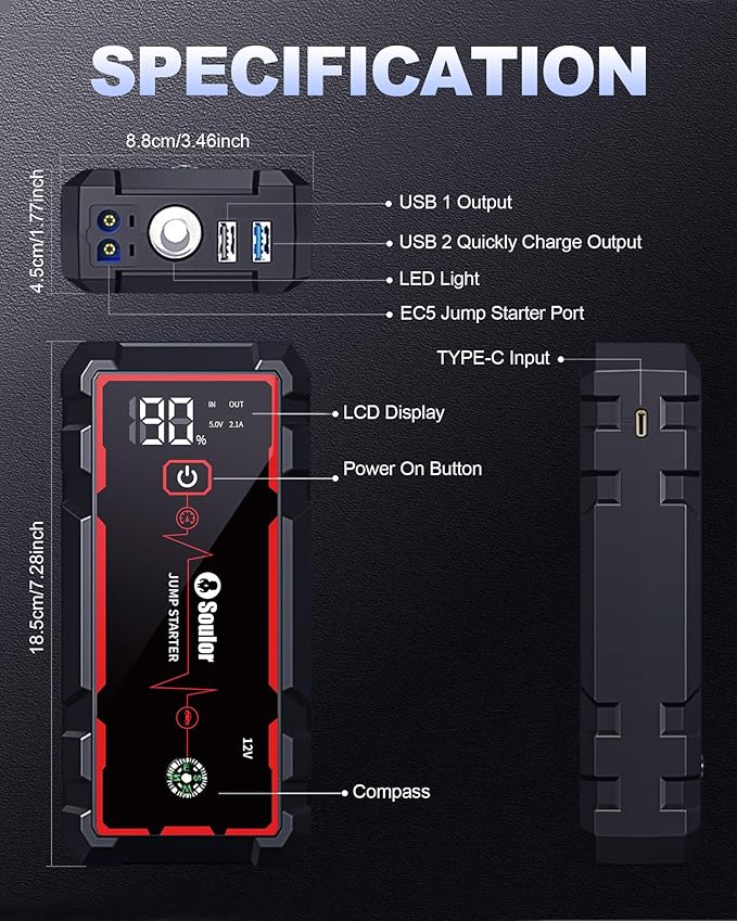 5000A Jump Starter Car Battery Jumper Starter Portable with Jumper Cable, Quick Charge Power Bank, 3 Modes Flashlight, Compass
