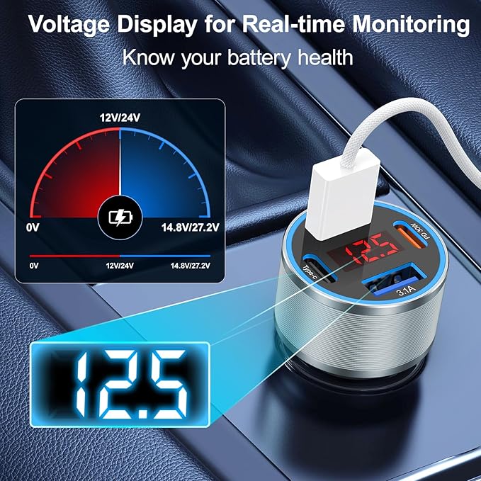 USB C Fast Car Charger, 2Pack 4-Port Fast Charging Car Charger with Voltage Display, Type C Car Chargers for Multiple Devices,USBC Phone Adapter for iPhone 17 16 15 Pro Max,Galaxy,iPad,Pixel,Android