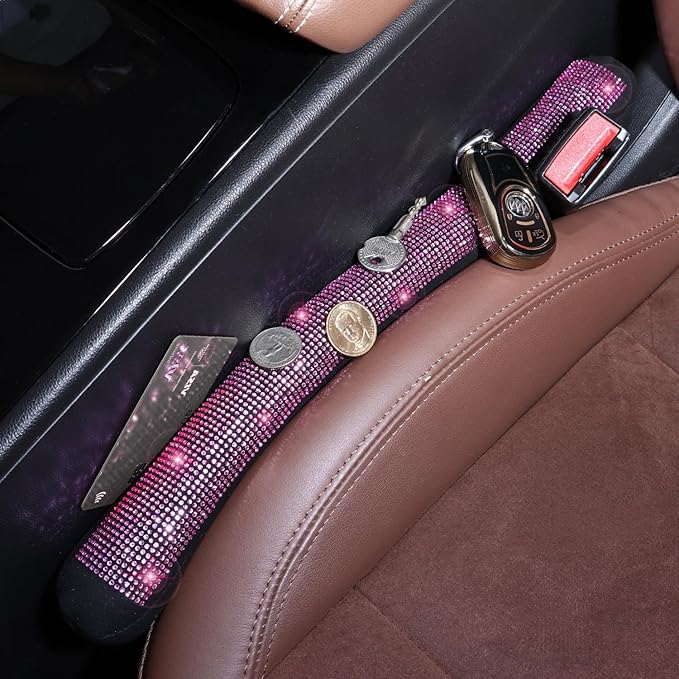 Briwill Bling Pink Car Seat Gap Filler - 2 Pack Crystal Rhinestone Diamond Bling Girl Car Accessories, Seat Gap Blocker Universal fit for Trucks, SUVs, Cute Car Accessories Interior Decor, (Pink)