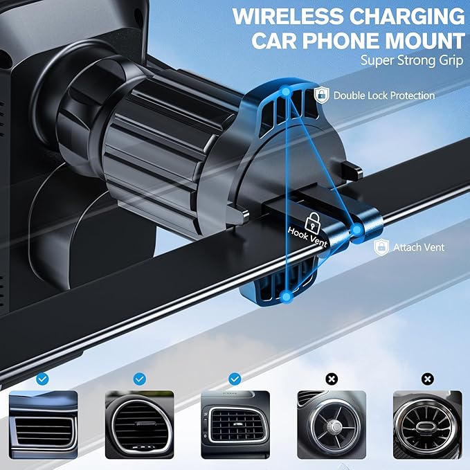 Wireless Car Charger,【80+LBS Safest Strongest】 2026 Upgrade Car Phone Holder Mount 15W/10W/7.5W Fast Charging 360° Rotation for Dashboard Windshield Vent Compatible with iPhone 17 16 Samsung