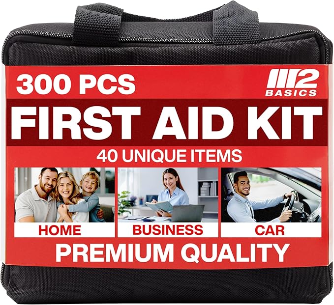 M2 BASICS Premium 300 Piece Professional First Aid Kit, 40 Unique Items, Durable Carry Bag for Home, Car, Business, Travel & Vehicle