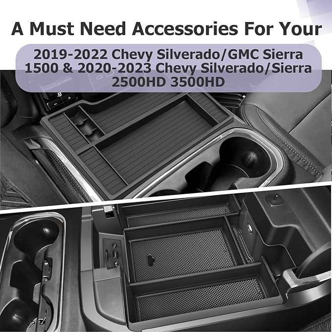 LUWU Center Console Organizer Compatible with 2019-2022 Chevy Silverado/GMC Sierra 1500 & 2020-2023 Chevy Silverado/Sierra 2500HD 3500HD Accessories, 2-Pack Black (ONLY for Full Console w/Bucket Seat)