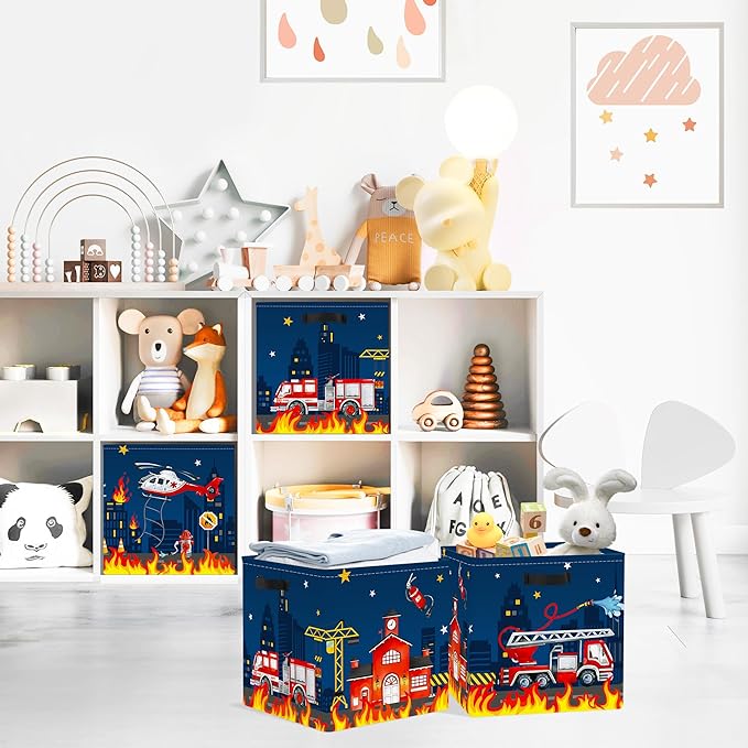 Clastyle Cars Kid Storage Cube Organizer Set Closet Clothes Cube Storage Bin Nursery Toddler Toy Box Chest Girl Boy Book Shelf Basket,‌Fire Truck,11.8x11.8x11.8 in