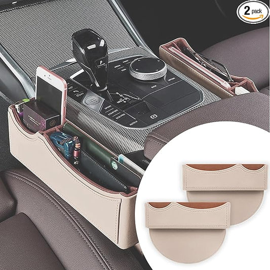 Car Seat Gap Organizer Large Capacity Leather Storage Box with Charging Port Multi-Purpose Car Seat Crevice Storage Solution for Phones Wallets Cards Ideal for Car Organization (Modern, White-Double)