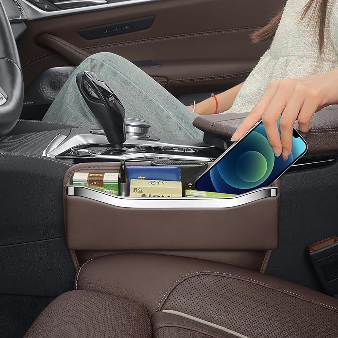 Car Seat Gap Filler - Premium Leather Car Organizer with Extra Storage - Organize and Secure Your Car Essentials - Fits Most Cars, SUV, Truck - 2 Pack - Brown