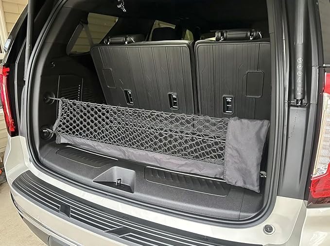Rear Trunk Organizer Cargo Net for Caddy Cadillac Escalade Escalade ESV 2021-2025 – Envelope Style Cargo Net with Zippered Storage Bag for SUV – Premium Mesh Car Trunk Organizer